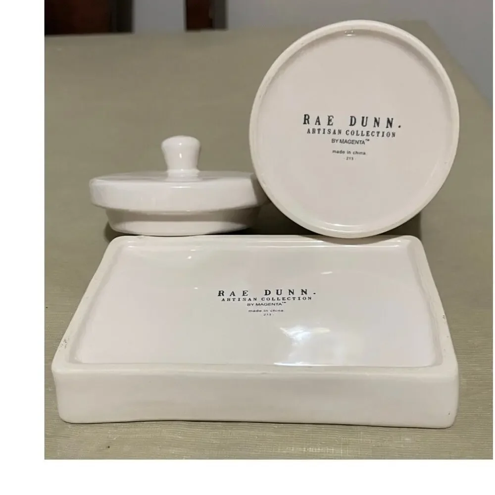 Rae Dunn 2 Pieces Ceramic Bathroom Set Dish Wash Plate And Things Jar With Lid‎